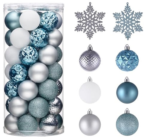 Valery Madelyn Weihnachtsbaumschmuck-Set für Valentinstag, Karneval, St. Patricks, 50 Stück, 5,9 cm, hellblau, silber, bruchsicher, Weihnachtskugel, Ornamente, hängende Feiertagsparty-Dekoration