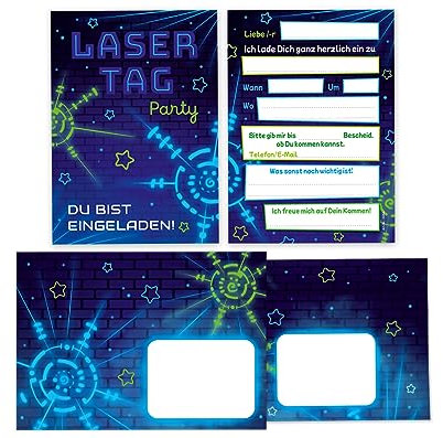Minkocards 12 Einladungskarten incl. 12 Umschläge zum Kindergeburtstag Lasertag Laser Tag Mädchen Jungen Einladungen zum Geburtstag Kinder Einladungsset