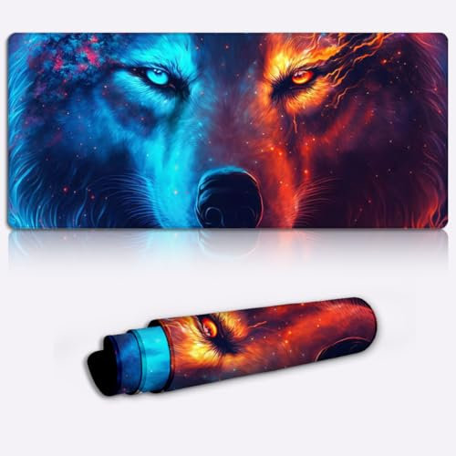 Großes Gaming-Mauspad verlängertes Mauspad, langlebige, rutschfeste Unterseite aus Naturkautschuk, waschbares Tastaturpad, für Gamer, Büro und Zuhause. Bunter Wolf 30x80cm