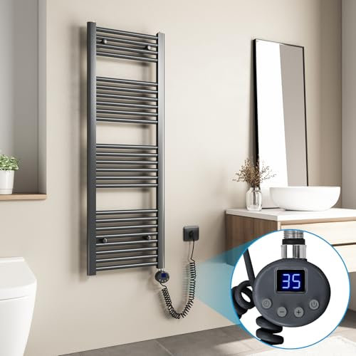 Heilmetz Scaldasalviette Elettrico Bagno 1200x400mm con Termostato Digitale, Temperatura Regolabile Termoarredo Elettrico Bagno Radiatore Elettrico Basso Consumo da Parete Verticale, Antracite