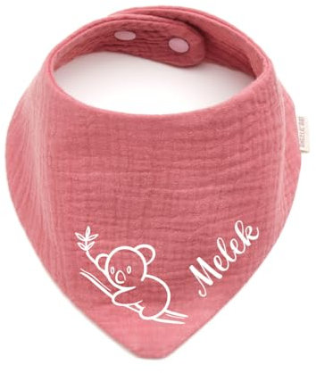 Personalisiertes Dreieckshalstuch aus Baumwolle/Musselin | Koala mit Namen | Halstuch für Jungen, Mädchen | Viele Farben (Altrosa)