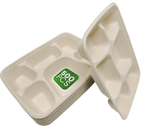 DISPOSABLE GREEN – Rectangle Disposable Plates, Bagasse Compartment Plates Disposable, 6 Compartment Plates, Divided Plates for Hot, Cold, Wet, & Oily Food, Portion Control Plate,