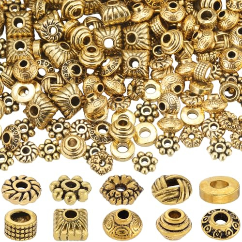 SUNNYCLUE 1 Box 250Pcs 10 Styles Gold Spacer Beads Bulk Metal Flower Beads Tibetan Alloy Antique Golden Tube Flat Rondelle Small Loose Beads for jewellery Making Bracelet Necklace Earrings DIY Crafts