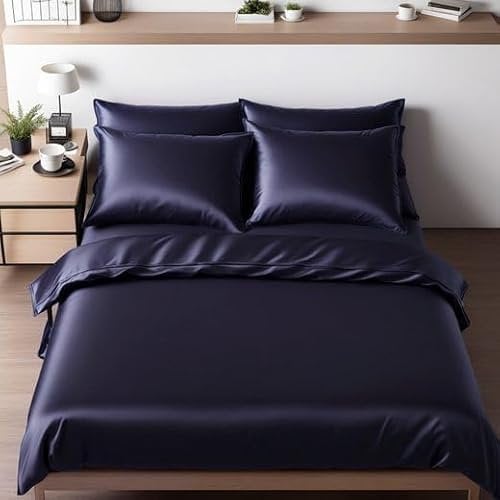 Cozyor Satin Bettwäsche 200x200 extra dick und weich mit robustem Reißverschluss 2X Kissenbezug 40x80 cm, edles Satin 3-teilig, dunkelblau Ocean