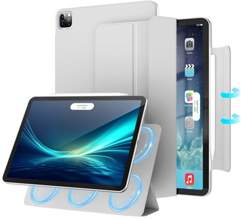 ZKTUYU Hülle für iPad Pro 11 Zoll M4 2024 5. Generation, Magnetbefestigung, dünne dreifach Faltbare Standhülle, unterstützt Pencil Pro/USB-C, Auto Schlafen/Wachen, Grau