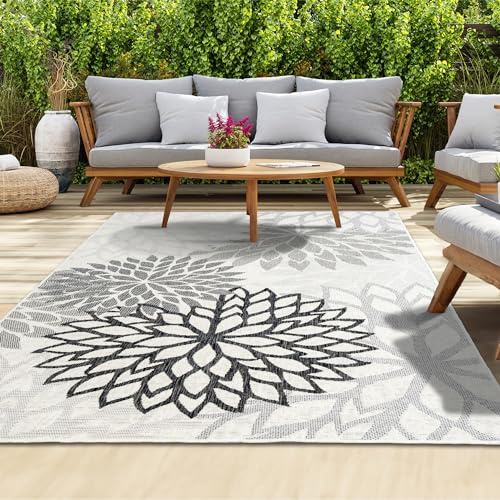homeart Outdoor Rug - Easy-Clean, Durable, Stain-Resistant, Weather & UV Resistant Indoor & Outdoor Rugs for Porch, Deck, Balcony, Garden, Picnic and Patio | Bellis Black, Grey - 200x290cm