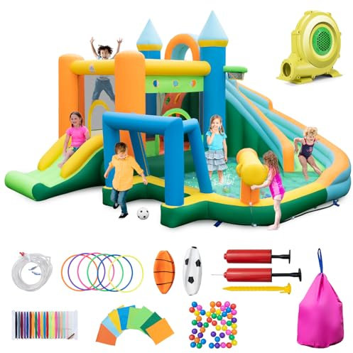GOPLUS Aufblasbare Hüpfschloss, Kinderhüpfburg mit Trampolin Rutsche Kletterwand Wasserpistole Basketballkorb, Aufblasbare Hüpfburg mit Tragetasche, für Kinder 3-10 Jahren (Fußball, mit Gebläse)