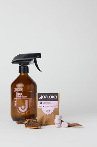 Joaloka Badreiniger Starter Set, 4 Tabs inklusive Badreiniger Glasflasche, für ein sauberes Badezimmer - vegan - ökologisch - ohne Microplastik – Made in Germany.