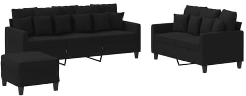 Willood 3-TLG. Sofagarnitur Mit Kissen & Fußhocker Schwarz Stoff,Geeignet für Schlafzimmer, Gästesofas, Sesselsofas