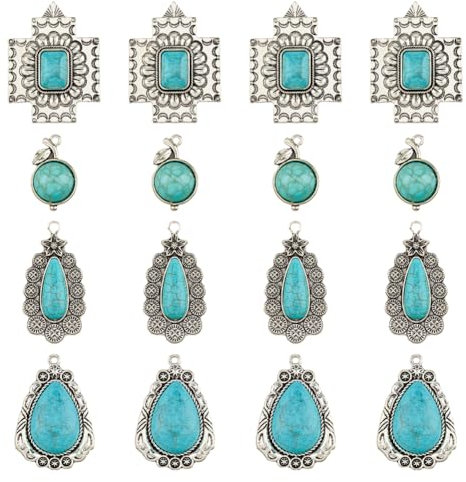 HOBBIESAY 16 colgantes de 4 estilos de cruz de plata envejecida estilo tibetano, lágrima, turquesa sintética, manualidades, dijes de cereza, accesorios con diseño de bucle para hacer joyas