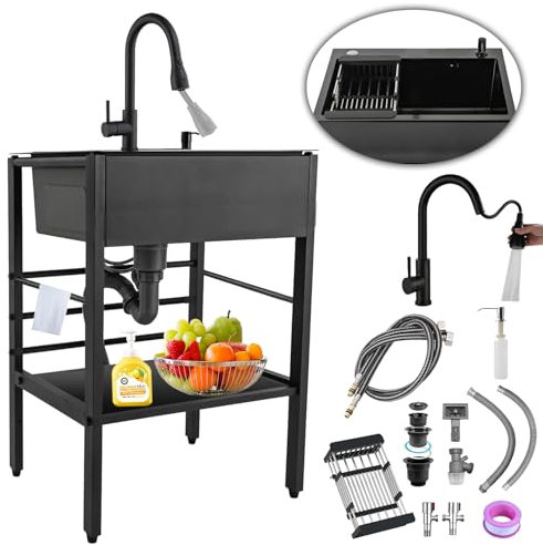 Fregadero exterior jardin fregadero industrial fregadero exterior fregadero con grifo extraíble y kit de Juego de Desagüe para cocinas, baños, estudios, cafeterías
