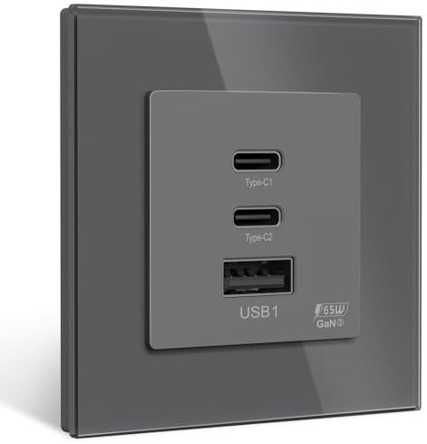 BSEED Schuko Steckdose,65W GaN Charger, 2×USB C/1×USB A mit Glaspanel,Unterputz Wandsteckdose für elektronische Geröte/Smartphones/Tablets, Grau