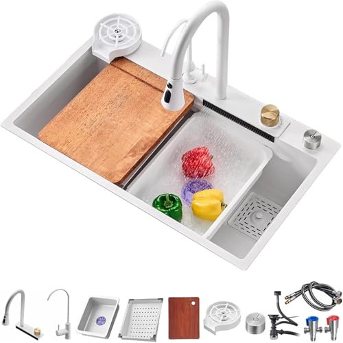 Fregadero De Cocina Cascada, Fregadero De Cocina De Acero Inoxidable, Fregadero De Cascada De Un Solo Tazón, Fregadero De Estación De Trabajo Con Nano Revestimiento(Blanco, 68x45x20cm)
