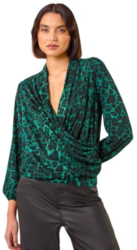 Roman Originals Animal Print Stretch Wrap Top for Women UK - Ladies Everyday Autumn Winter V-Neckline Comfy Soft Evening Vacation Work Party Night Out - Dark Green - Size 20