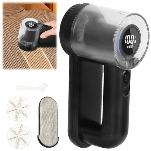 Bobble Remover for Clothe, Electric Lint Remover, Rechargeable Fabric Shaver with LCD Display, 6-Leaf Blade, 2-In-1 Lint Roller for Coat, scarf, gloves, plush toys, bedding, curtains (Black)