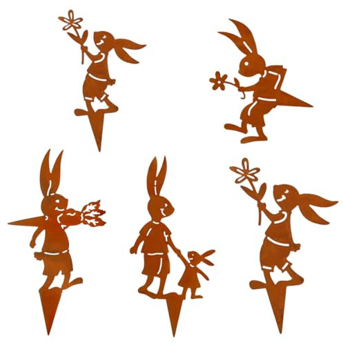 TaleMoon Osterhasen Gartendeko Rost Gartenstecker,5er Osterdeko Garten Hase Rost,Metall Roststecker Hase,Gartendeko für Draußen Frühling