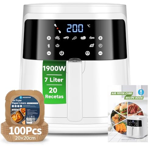 Aigostar White Cube Con Papel Freidora Aire 100 Unidades, Freidora de aire 7L Air Fryer 1900W, Freidora sin Aceite 7 Automáticos Modos, Panel Táctil, Cesta Antiadherente Extraíble, 20 Recetas
