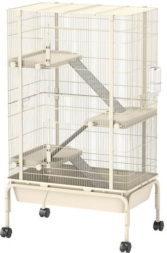 PawHut Rolling Rabbit Cage, 4 Level Rolling Rat Cage with 3 Ramps, Water Bottle, Food Dish, 15cm Deep Tray for Easy Cleaning, Small Pet Cage for Ferrets, Chinchillas, Squirrel, Syrian, Beige