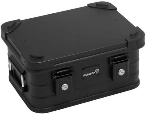 Alubox Alukiste abschließbar E18-BLACK - Premium Aluminium Lagerbox 18 Liter - Deckel mit Aluminium Druckguss Stapelecken und Gummidichtung - inklusive Schlösser - komplett schwarz
