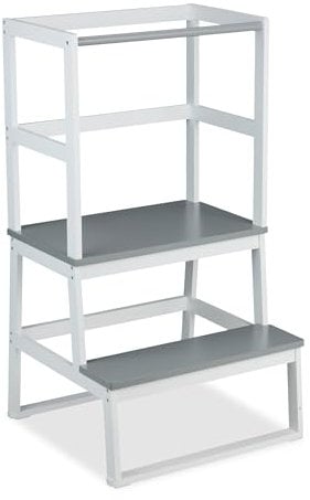 Relaxdays Lernturm ab 1 Jahr, 2 Stufen, Kippschutz, HxBxT: 93 x 50 x 48,5 cm, Kleinkinder Stehhilfe, Bambus, weiß-grau