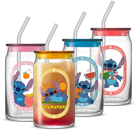 JoyJolt Disney Stitch Island Vibes - Bicchieri in vetro con coperchio e cannucce, 470 ml, bicchieri in vetro con coperchio e cannucce, set di 4 bicchieri a forma di lattina, regalo Disney per adulti