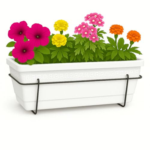 TECHZOCO Jardinera de plástico, Balconera de plástico, Macetero para Jardín, Fabricado en Polipropileno, Incluye Soporte, Patio, Interior o Exterior, 49 cm Largo x 15 cm Alto x 18 cm Fondo, Blanco