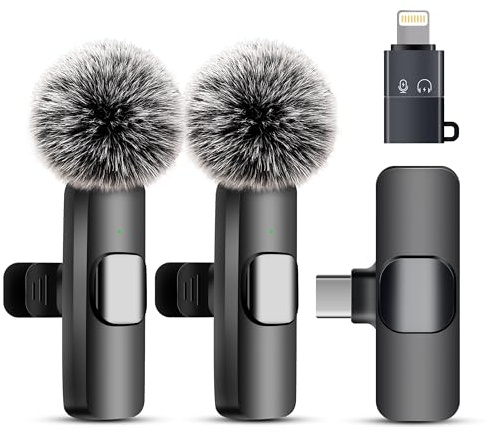 Uewpv Wireless Lavalier Microphone for iPhone iPad & Android - 2 Pack Mini Clip-On Mic with Noise Cancellation, USB-C/Lightning - for TikTok, YouTube, Podcast, Live Streaming