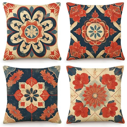 OYIMUA Leinen Kissenbezug 50x50 Boho Blumen 4er Set Quadratisch Dekokissen Vintage Sofakissen Outdoor Kissen