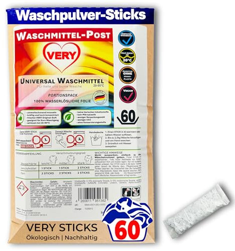 VERY Waschmittel Sticks | All-in-1 | 60 Waschladungen | hochkonzentriert & vordosiert in wasserlöslicher Folie | für weiße & bunte Wäsche | tiefenrein & frischer Duft | 20–95 °C