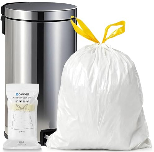 AOMKES Small Bin Liners 20L, Drawstring White Bin Bags, Easy Tear-Off, Tear-Resistant Trash Bags, Leakproof Rubbish Liners for Kitchen, Home, Office, 32 Count