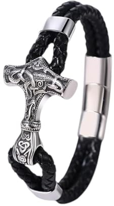 Wikinger Armband Herren Leder mit Thors Hammer aus Edelstahl – Mjölnir Armband – Viking Schmuck Männer – Nordisches Lederarmband – Verstellbar 18–24 cm – Edelstahl Männerarmband