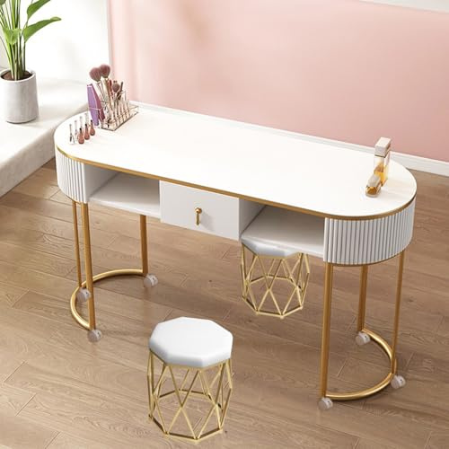 ZOCWJK Stylish Functional Table,Manicure Table Modern Professional Nail Tech Manicure Station with Drawers and Shelves Wooden Nail Desk Workstation for Beauty(Gold White-Wooden Top-120cm Table