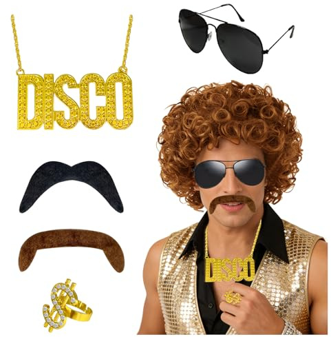 Chuanhylis 6er Set Jahre Outfit Herren Perücken, 70er 80er Jahre Hip Hop Rapper Kostüm, Zuhälter Kostüm Set für Karneval, Cosplay, Mottoparty, Rocker, Disco, Punk, Hippie