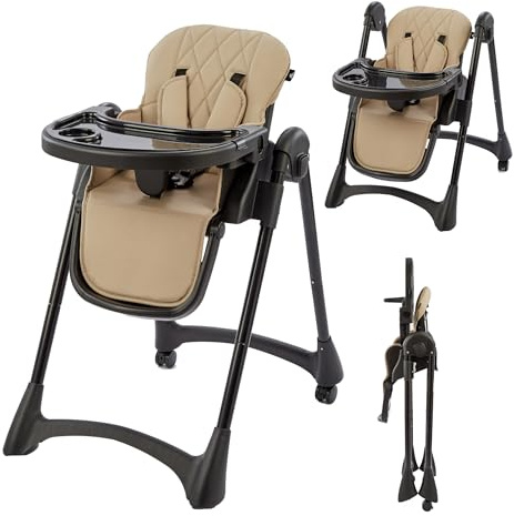 Bebies First Hochstuhl Baby Klappbar – Kinderstuhl Mit 5-Punkt-Gurt, Verstellbarer Rückenlehne & Abnehmbarem Tablett – Kompakt Faltbar, Stabil & Pflegeleicht Für Zuhause & Unterwegs (Beige)