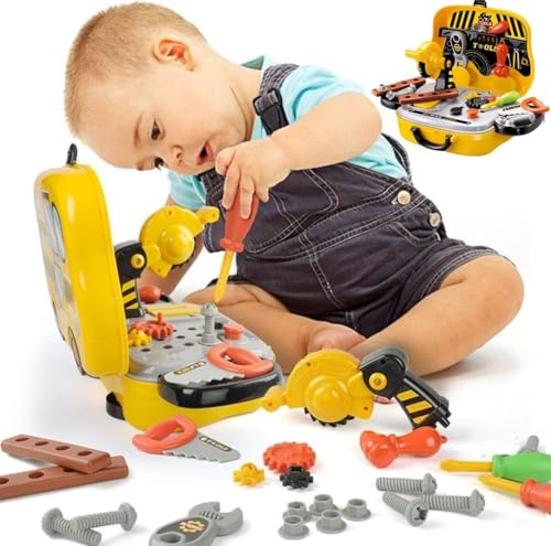BAKAJI Valigetta Attrezzi Giocattolo per Bambini con Accessori Fai da Te, Valigia con Utensili da Lavoro Portatile con 29 Pezzi, Sega Tagliatrice, Riproduzione Reale per Giochi di Imitazione