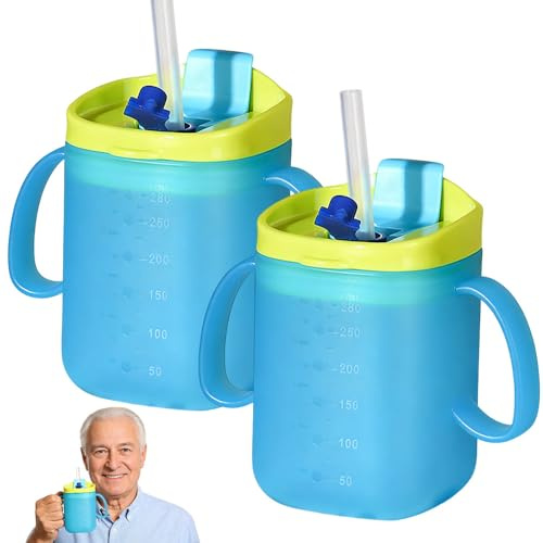 XEERUN 2PCS Elderly Spill Proof Cups, 280ML Unspillable Cup with 2 Handles，Elderly Drinking Cup with Lid and Straw, Adult Feeding Cup with Accurate Scale for Patients, Disabled, Elderly, Blue