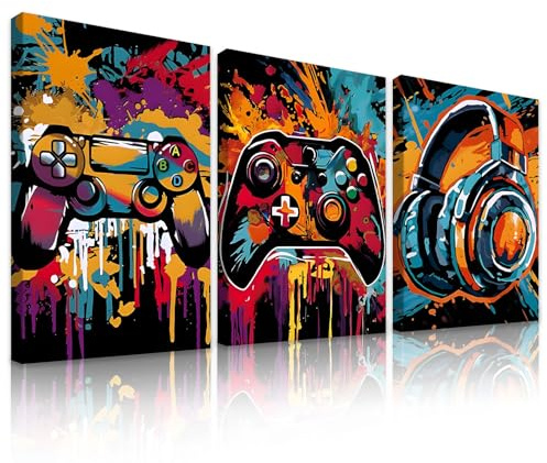 milaosk 3er Leinwand Gaming Poster mit Rahmen Wandbilder Kunstdrucke | Bunte Graffiti Game Controller Kopfhörer Bild für Jugendzimmer Junge Teenager Zimmer Gamer Zimmer Deko 12x16 zoll