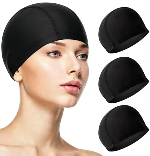 WUMZIRA Set di 3 Cuffia Piscina Adulti, Cuffia Nuoto in Tessuto di Poliestere per Donna e Uomo, Cuffie Piscina Morbida ed Elastica, Cuffia Piscina Tessuto Nero per Capelli Lunghi e Corti