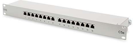 DIGITUS Patchpanel - 19-Zoll - Cat-5e - 16-Port RJ45 - Geschirmt - LSA Patch-Feld - Rack-Montage 1HE - Grau