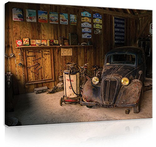 Forwall Bilder Canvas Auto Retro Werkstatt Vintage Route 66 XXL Schlafzimmer Wohnzimmer Leinwandbilder Wandbild Kunstdruck Wandbilder Wand Bild auf Leinwand Aufhängefertig (10518, O6 (80 x 60 cm))