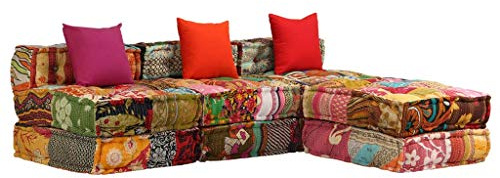 Festnight 3-Sitzer Modulares Schlafsofa Stoff Patchwork Schlafcouch Sofa Stoffsofa Wohnzimmersofa mit 3 Kissen