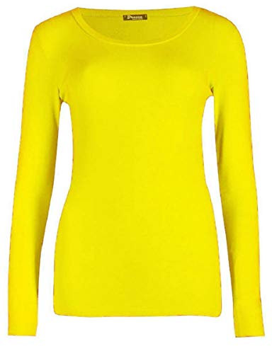 Womens Long Sleeve Stretch Plain Round Scoop Neck T Shirt Top Ladies Fitted Tee (Yellow, 16-18)