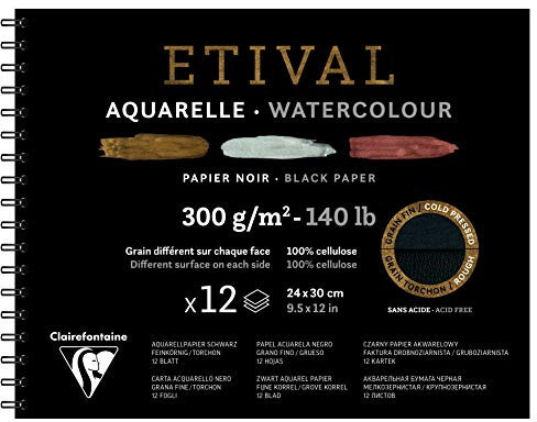 Clairefontaine - Ref 975326C - Etival Cold Pressed Black Watercolour Painting & Drawing Wirebound Pad (12 Sheets of Paper) - 24 x 30cm - 300gsm Cellulose Art Paper