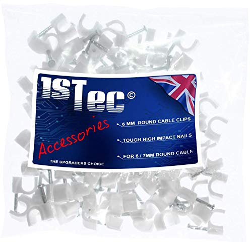 1STec 100 x 6mm Round White Coax Cable Clips Suitable for Indoor/Outdoor use on Plaster Wood or Masonry Hardened Nails to Tack BT Telephone Cable USB Leads Speaker & Door Bell Wire Low Voltage Lights