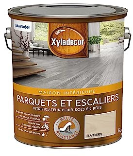 Xyladecor - Vitrificateur pour Sols Intérieurs en Bois Toutes Pièces - Parquets et Escaliers - Haute Résistance - Couleur : Satin Blanc Gris - Quantité : 5L - 5324775