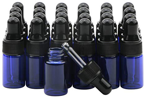 Rowiz 30 PCS 3ml Blue Small Glass Dropper Bottles with Black Screw Caps | 0.1oz Refillable, Leak-proof, Portable, Empty Glass Eye Dropper Vials, Perfume, Cosmetic, DIY Liquid Sample, Essential Oil