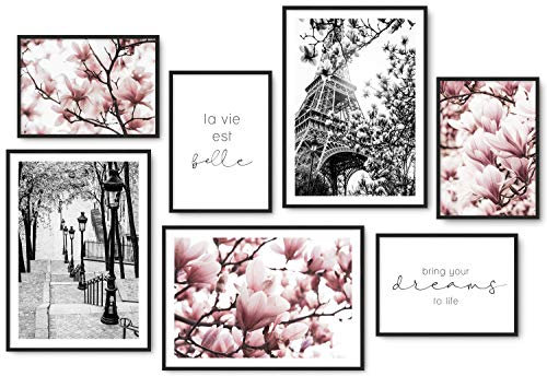 Hyggelig Home Premium Poster Set - 7 hochwertige Bilder - Frühling rosa Blumen aesthetic Spring Deko für Flur Wohnzimmer Schlafzimmer - ohne Rahmen