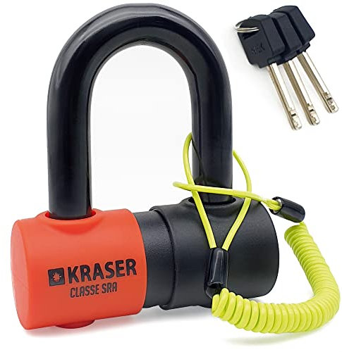 KRASER KR50 Bloccadisco Moto Mini U Omologato SRA, Arco in Acciaio Ultra Rinforzato 18 Testato, Doppia Chiusura, Serratura a Dischi Antiscasso, Cavo Promemoria, Lucchetto Antifurto Blocca Disco Moto