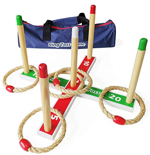 wooden Ring Toss Games - Quoits Games set 5pcs rope rings with Carry Bag