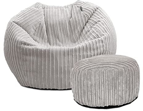 rucomfy Beanbags Jumbo Cord Kids Mini-Slouch Bean Bag Chair - Childrens Bedroom Playroom Furniture and Fun Decor. Arrives with Filling and Machine Washable - 60 x 80cm (Platinum Grey, with Footstool)